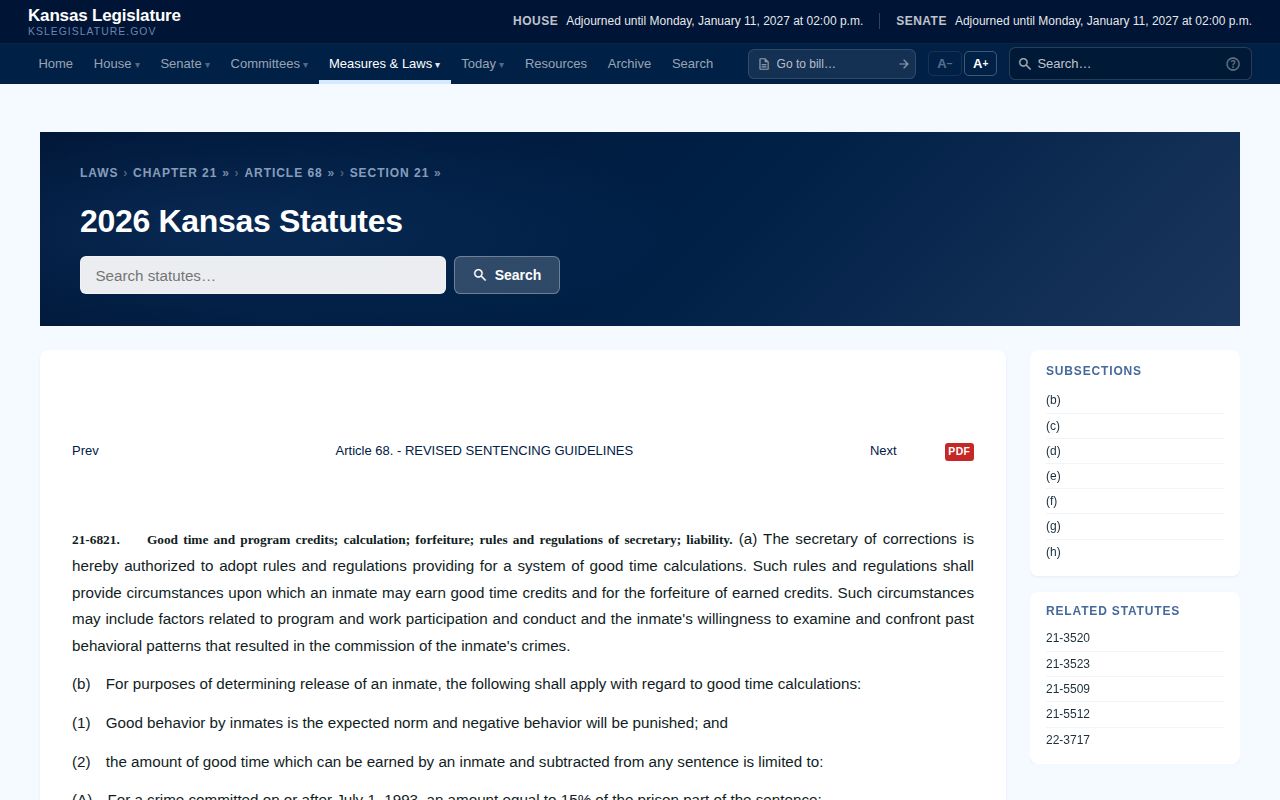 Smith County inmate release date and Kansas good-time credit statute