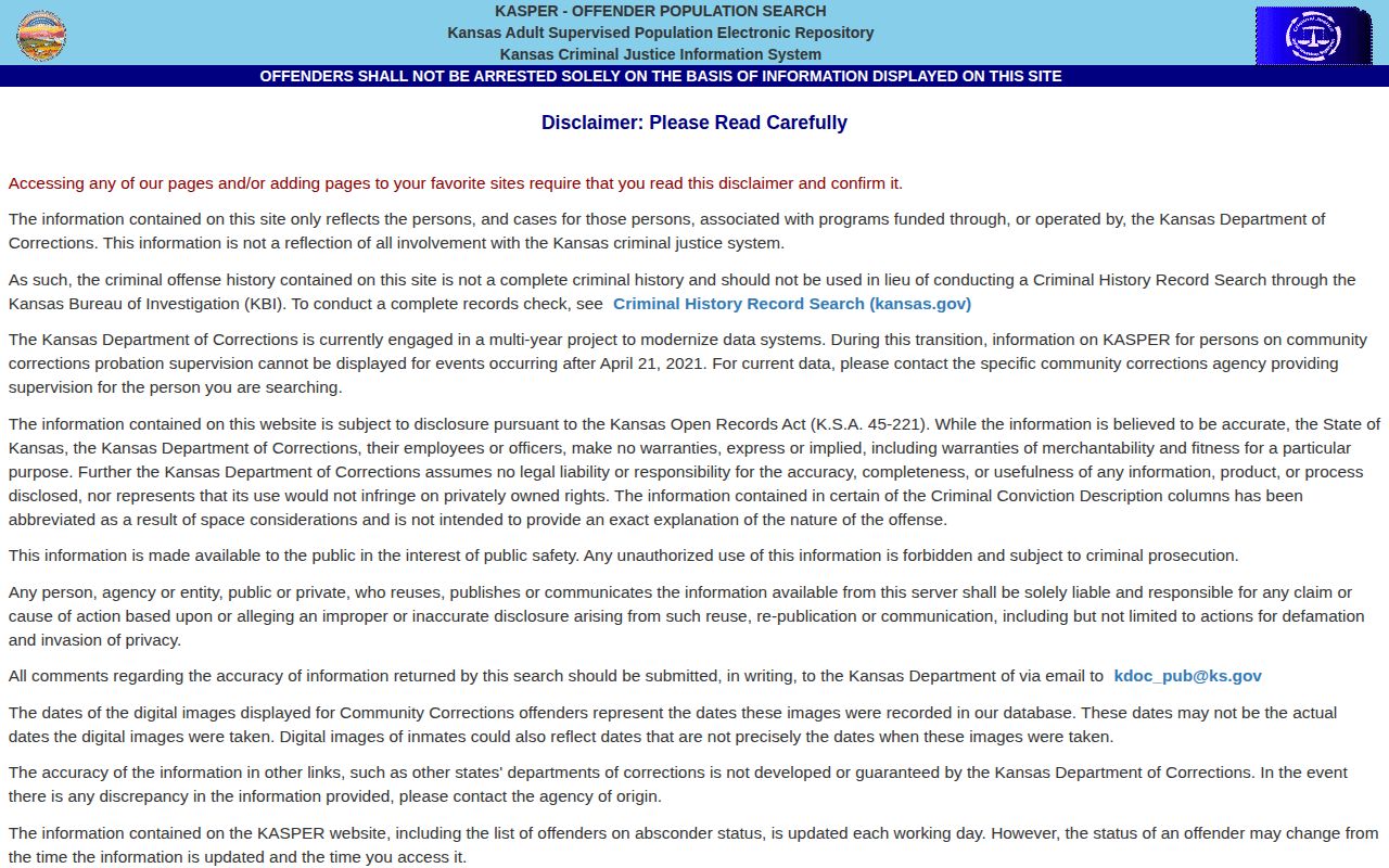 KASPER disclaimer explaining Kansas offender search scope and update limits
