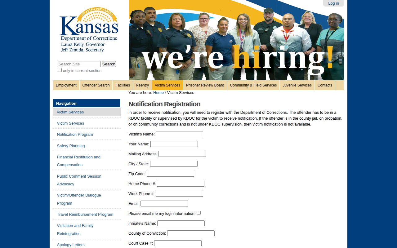 KDOC victim notification form for Kansas prisoners and supervised offenders